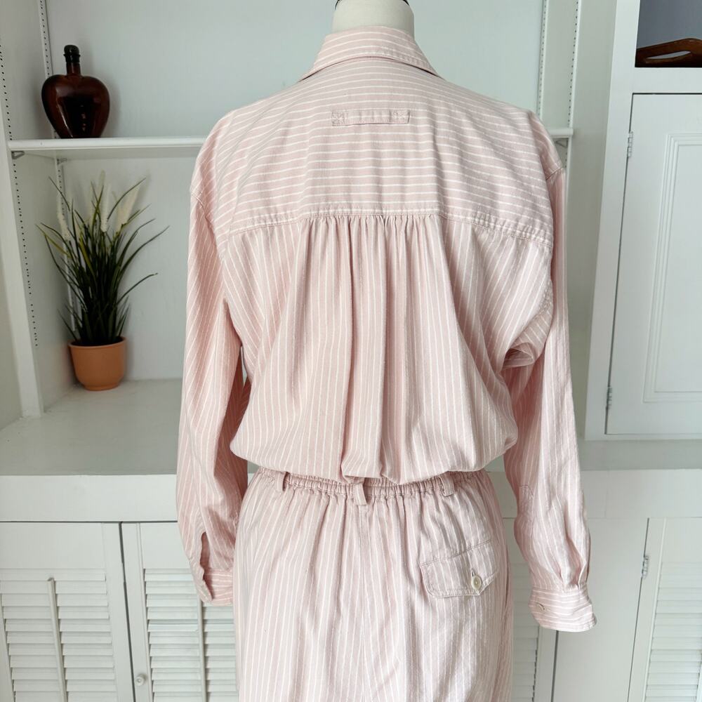 Vintage 80s Liz Sport 100% Cotton Light Pink Striped Coverall Jumpsuit Size M - Picture 4 of 6